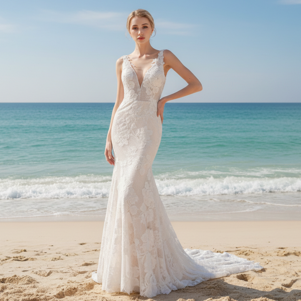 Deep V Neck Fit and Flare Wedding Dress With Open Back Rosymae Deep V Neck Fit and Flare Wedding Dress With Open Back Rosymae