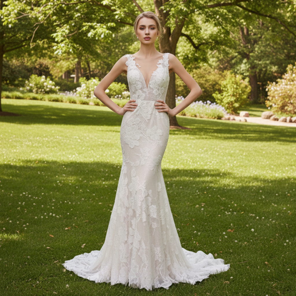 Deep V Neck Fit and Flare Wedding Dress With Open Back Rosymae Deep V Neck Fit and Flare Wedding Dress With Open Back Rosymae