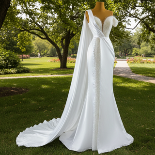 Beaded Pearl Mermaid Satin Wedding Dress with High Back