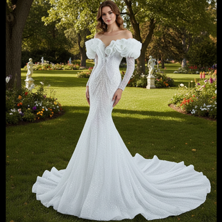 Vintage Mermaid Ruffle Neck Wedding Dress with Long Sleeves