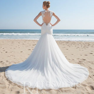 Glittery Cap Sleeve Trumpet Wedding Dress with Beaded Illusion Back