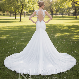 Glittery Cap Sleeve Trumpet Wedding Dress with Beaded Illusion Back