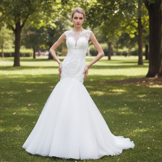Glittery Cap Sleeve Trumpet Wedding Dress with Beaded Illusion Back