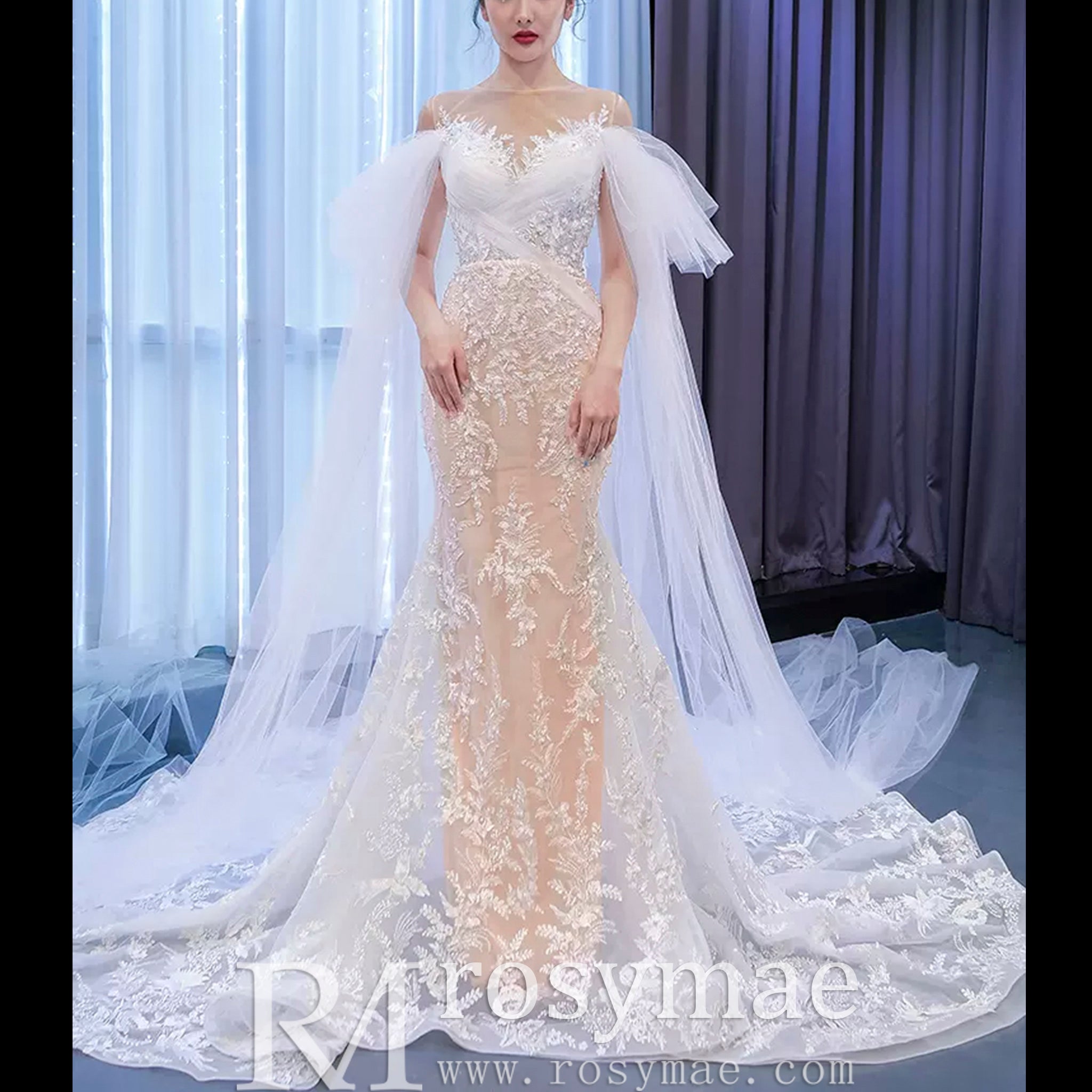 Long Sleeve Mermaid Lace Wedding Dress with Champagne Underlay White / 0 Long Sleeve Mermaid Lace Wedding Dress with Champagne Underlay White / 0