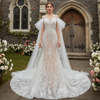 Long Sleeve Mermaid Lace Wedding Dress with Champagne Underlay