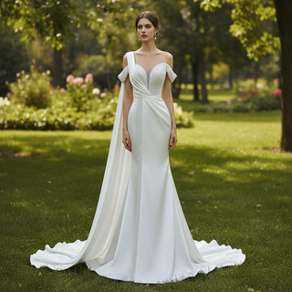 Beaded Pearl Mermaid Satin Wedding Dress with High Back