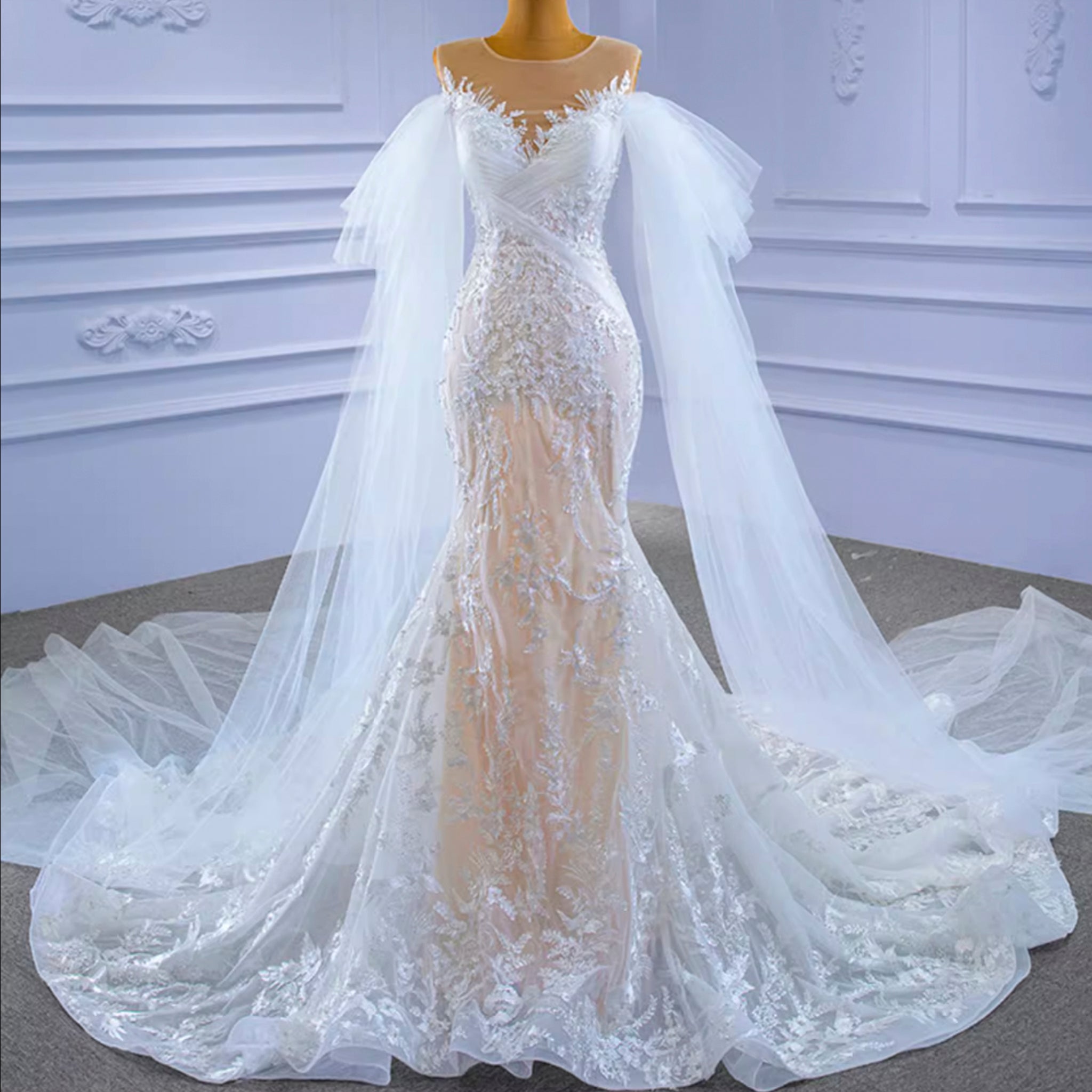 Long Sleeve Mermaid Lace Wedding Dress with Champagne Underlay White / 0 Long Sleeve Mermaid Lace Wedding Dress with Champagne Underlay White / 0