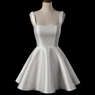 Minimalist Modern-Classic Mini Wedding Dress with Square Neckline & Deep Scoop Back