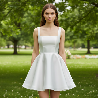 Minimalist Modern-Classic Mini Wedding Dress with Square Neckline & Deep Scoop Back
