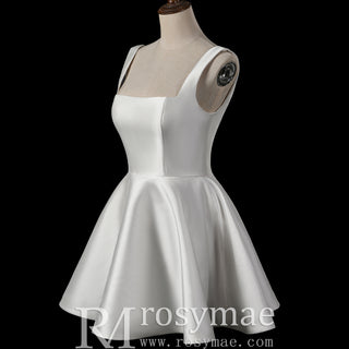 Minimalist Modern-Classic Mini Wedding Dress with Square Neckline & Deep Scoop Back