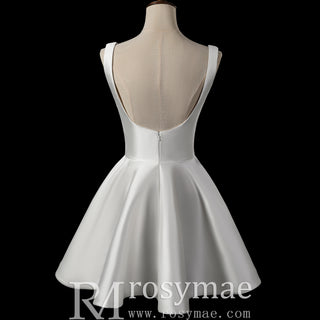Minimalist Modern-Classic Mini Wedding Dress with Square Neckline & Deep Scoop Back