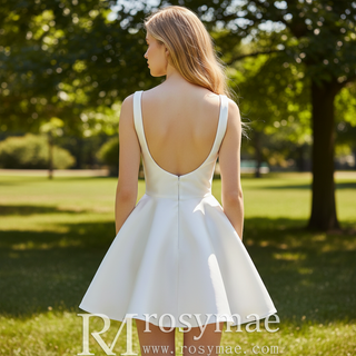 Minimalist Modern-Classic Mini Wedding Dress with Square Neckline & Deep Scoop Back
