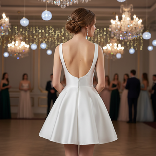 Minimalist Modern-Classic Mini Wedding Dress with Square Neckline & Deep Scoop Back