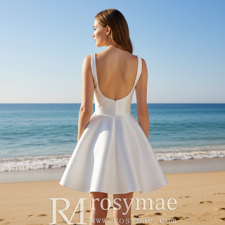 Minimalist Modern-Classic Mini Wedding Dress with Square Neckline & Deep Scoop Back
