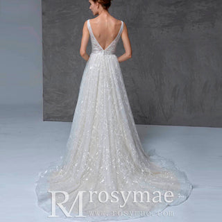 Doube Vneck Sparkly A-line Wedding Dress with Tank Sleeves