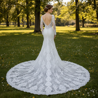 Vestido de novia de encaje de trompeta de tren grande de manga larga con cuello en V y espalda abierta