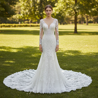 Vestido de novia de encaje de trompeta de tren grande de manga larga con cuello en V y espalda abierta