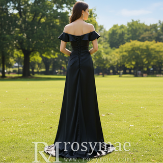 Black High Slit A-Line Beaded Party Gowns Evening Dress