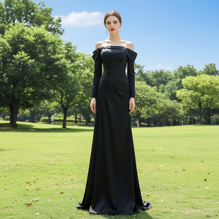 Black High Slit A-Line Beaded Party Gowns Evening Dress