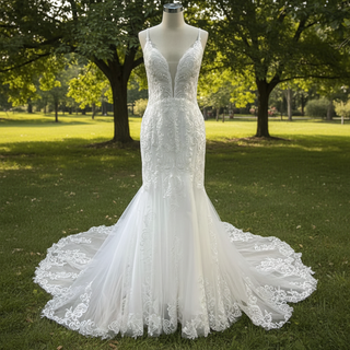 Plunging V-Neck Backless Lace Spaghetti Straps Mermaid Wedding Dress
