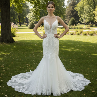 Plunging V-Neck Backless Lace Spaghetti Straps Mermaid Wedding Dress