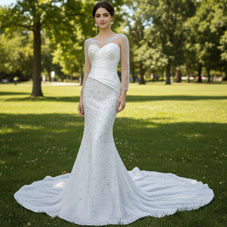 Elegant Sheer Long Sleeve Fit and Flare Wedding Dress