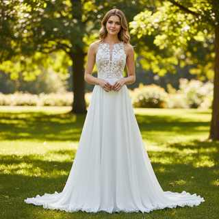 High Neck A-line Chiffon Wedding Dress with Sheer Bodice
