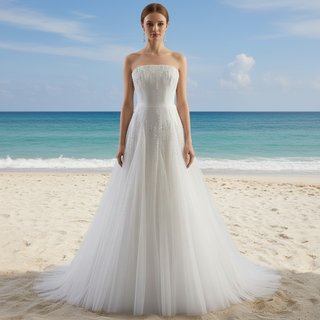 Strapless A-Line Princess Wedding Dress with Sheer Bodice Lattice Beadwork