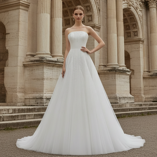 Strapless A-Line Princess Wedding Dress with Sheer Bodice Lattice Beadwork