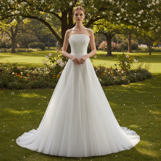 Strapless A-Line Princess Wedding Dress with Sheer Bodice Lattice Beadwork