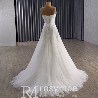 Strapless A-Line Princess Wedding Dress with Sheer Bodice Lattice Beadwork