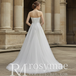 Strapless A-Line Princess Wedding Dress with Sheer Bodice Lattice Beadwork
