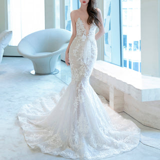 Sheer Lace Trumpet Mermaid Wedding Dress with Open Back