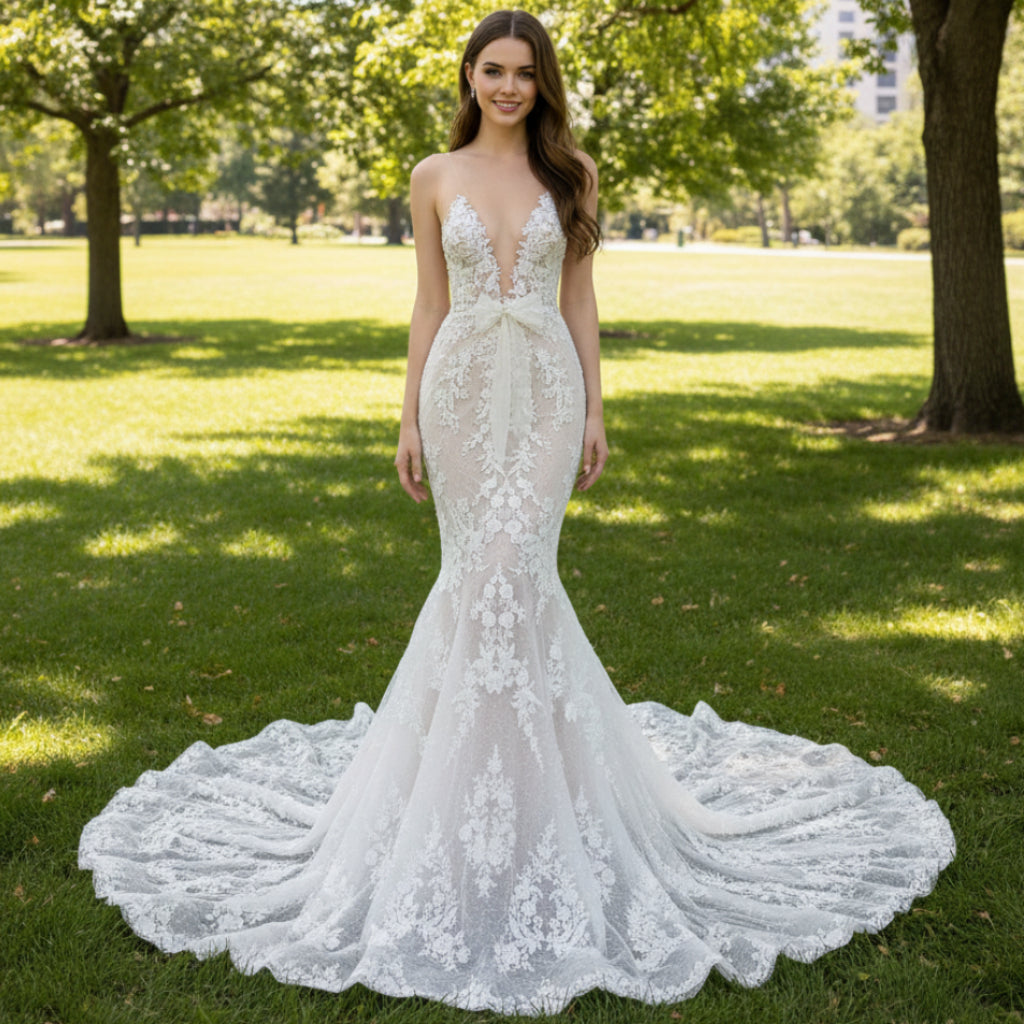 Sheer Lace Trumpet Mermaid Wedding Dress with Open Back Champagne / 18W Sheer Lace Trumpet Mermaid Wedding Dress with Open Back Champagne / 18W