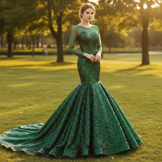 Robe de bal trompette scintillante à manches longues, robe de soirée à paillettes