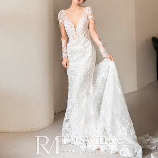 Sheer Long Sleeve Mermaid Lace Wedding Dresses with V-neck