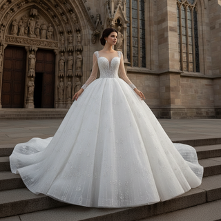 Sheer Square Neckline Ball Gown Wedding Dress with Long Sleeve