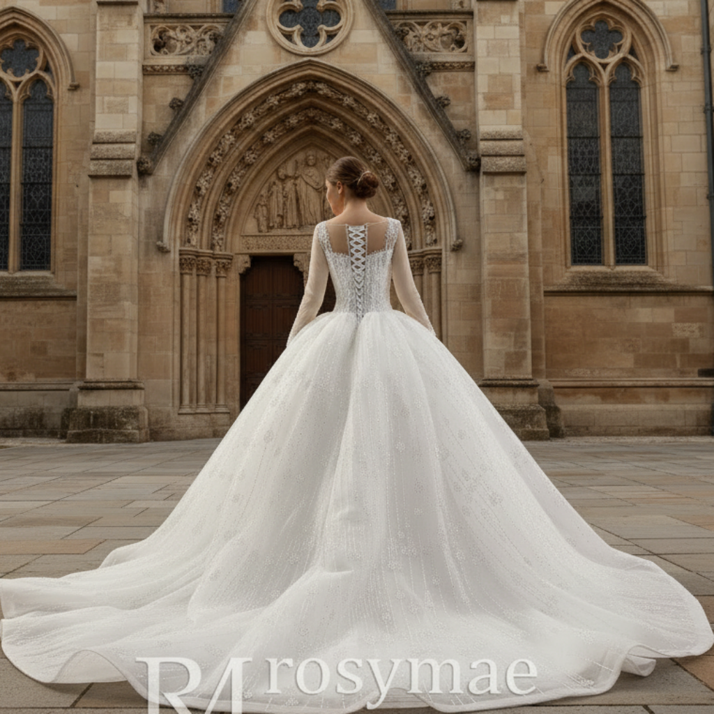 Sheer Square Neckline Ball Gown Wedding Dress with Long Sleeve Rosymae Sheer Square Neckline Ball Gown Wedding Dress with Long Sleeve Rosymae