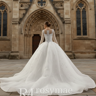 Sheer Square Neckline Ball Gown Wedding Dress with Long Sleeve