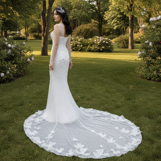 Shiny Beaded Floral Mermaid Wedding Dress with Sheer Neck