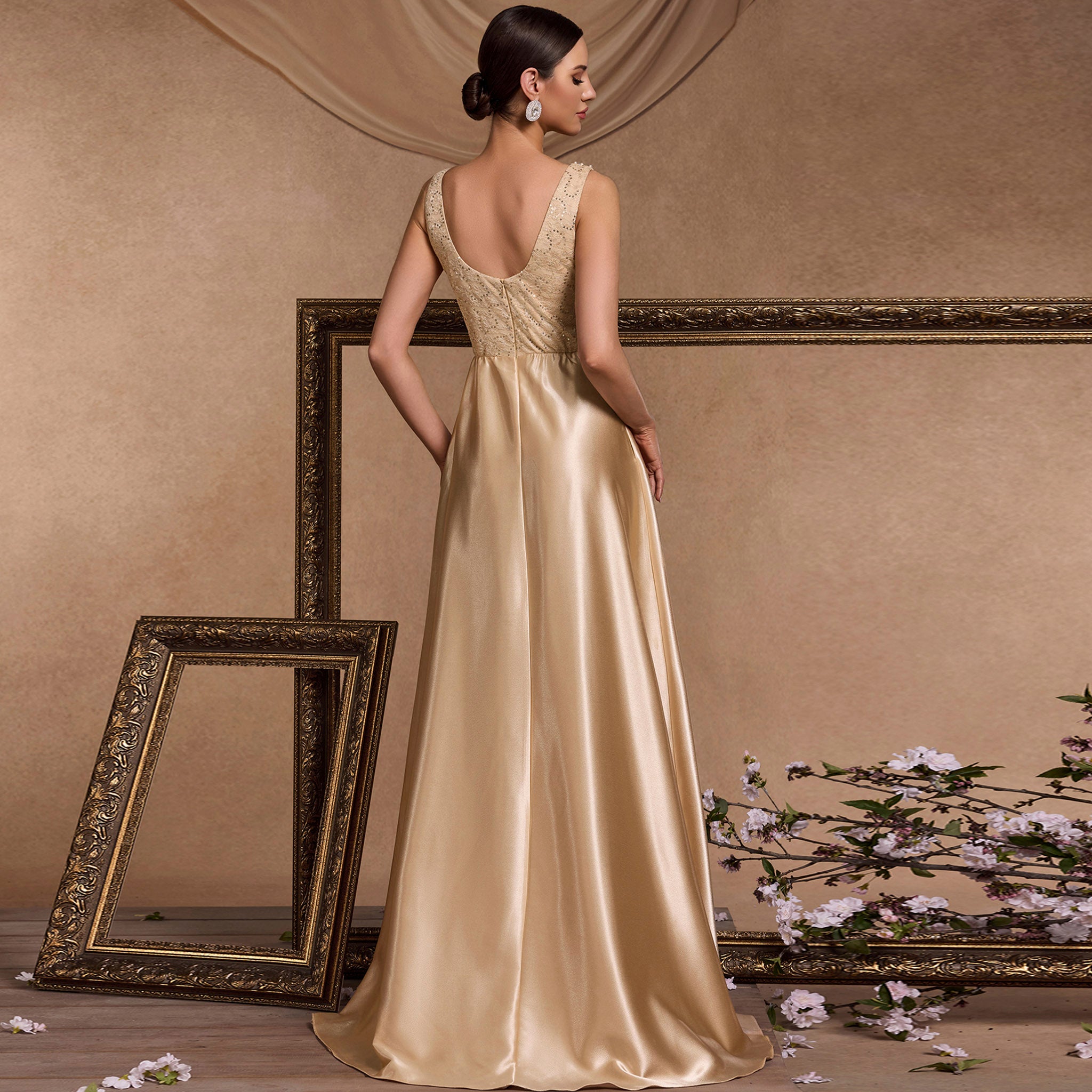 Vneck Midi Champagne Formal Dress for Wedding Guest Champagne / L Vneck Midi Champagne Formal Dress for Wedding Guest Champagne / L