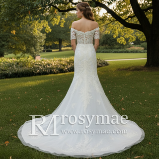 Off Shoulder Short Sleeve Mermaid Wedding Dress With V Neckline