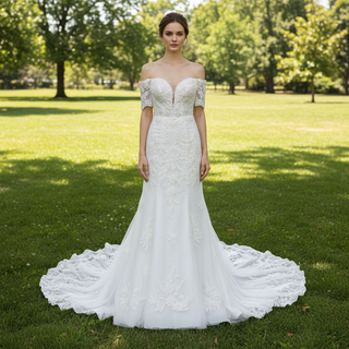 Off Shoulder Short Sleeve Mermaid Wedding Dress With V Neckline