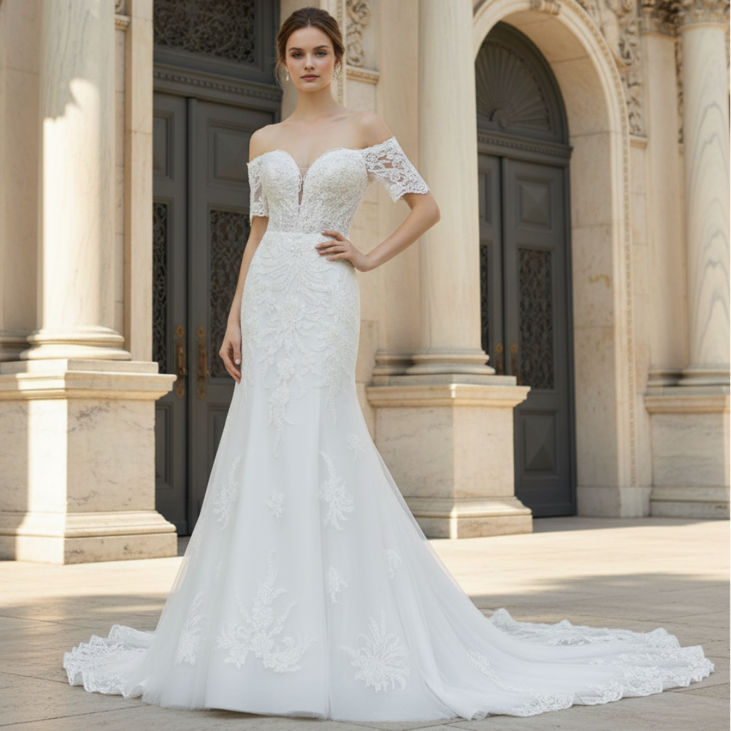 Off Shoulder Short Sleeve Mermaid Wedding Dress With V Neckline Rosymae Off Shoulder Short Sleeve Mermaid Wedding Dress With V Neckline Rosymae