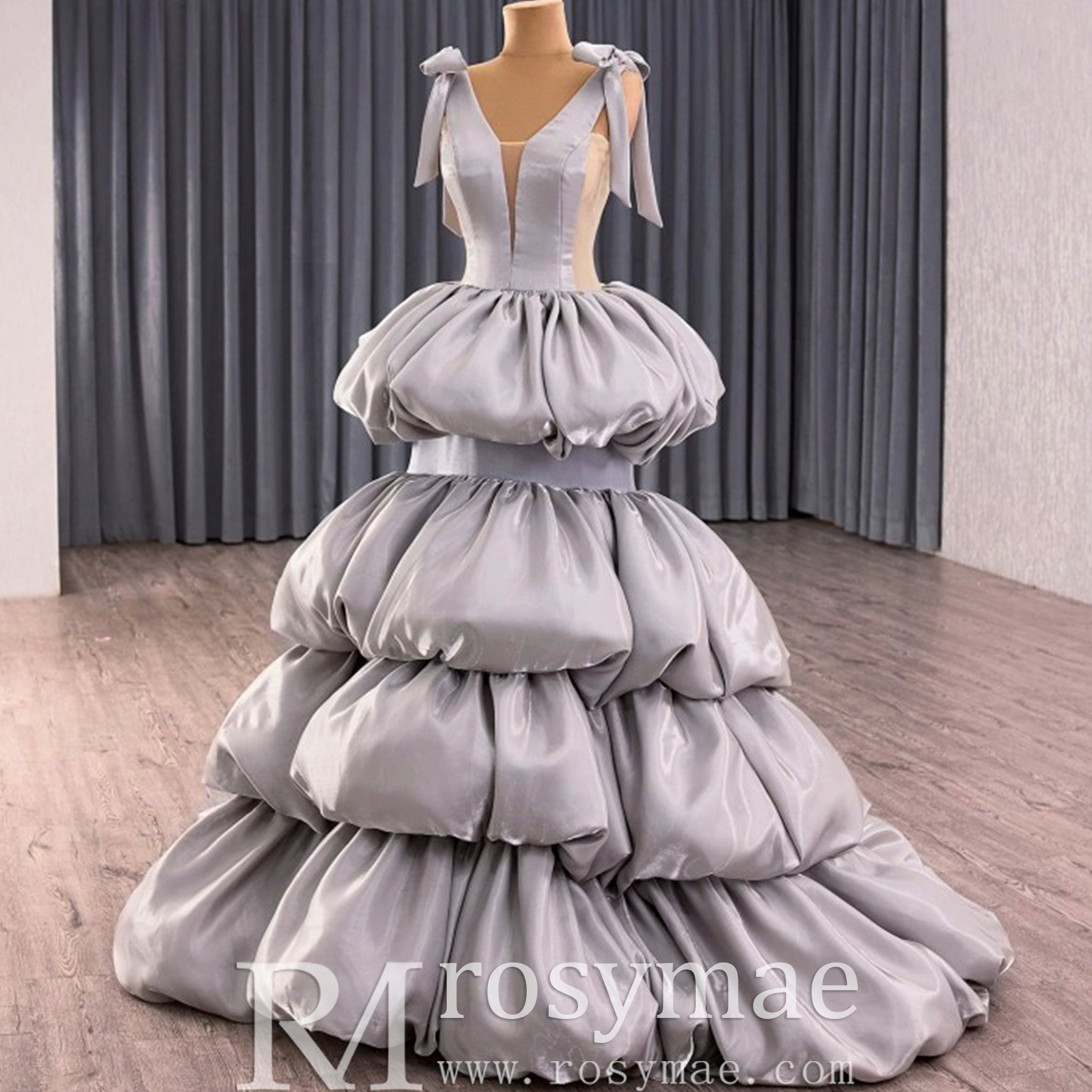 Romantic High-end Gray Cascading Ruffles Prom Dress A-line with Vneck Rosymae Romantic High-end Gray Cascading Ruffles Prom Dress A-line with Vneck Rosymae