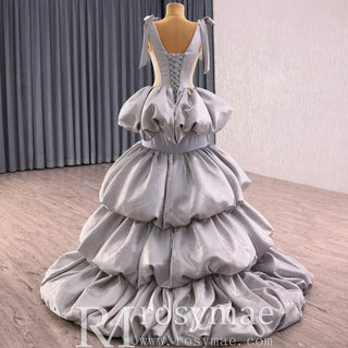 High-end Gray Cascading Ruffles Prom Dress A-line with Vneck