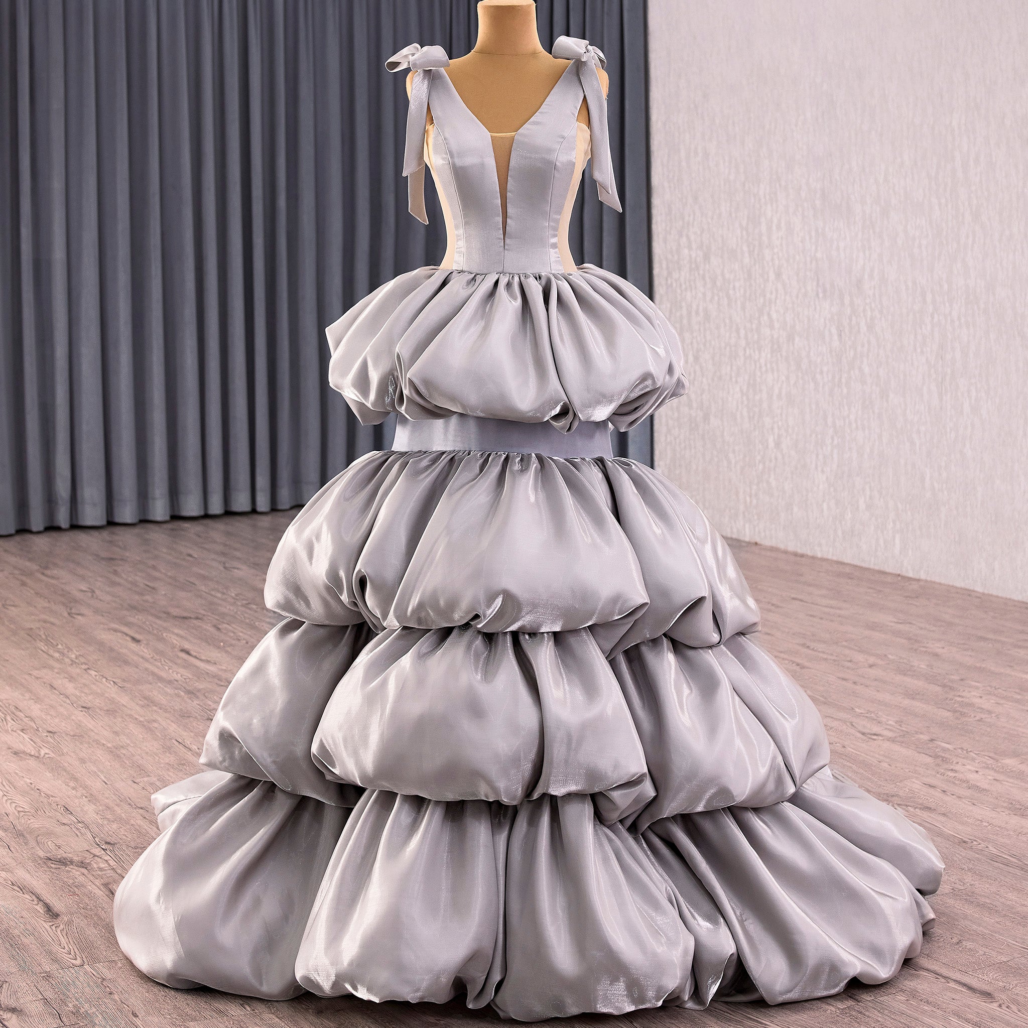 Romantic High-end Gray Cascading Ruffles Prom Dress A-line with Vneck Rosymae Romantic High-end Gray Cascading Ruffles Prom Dress A-line with Vneck Rosymae