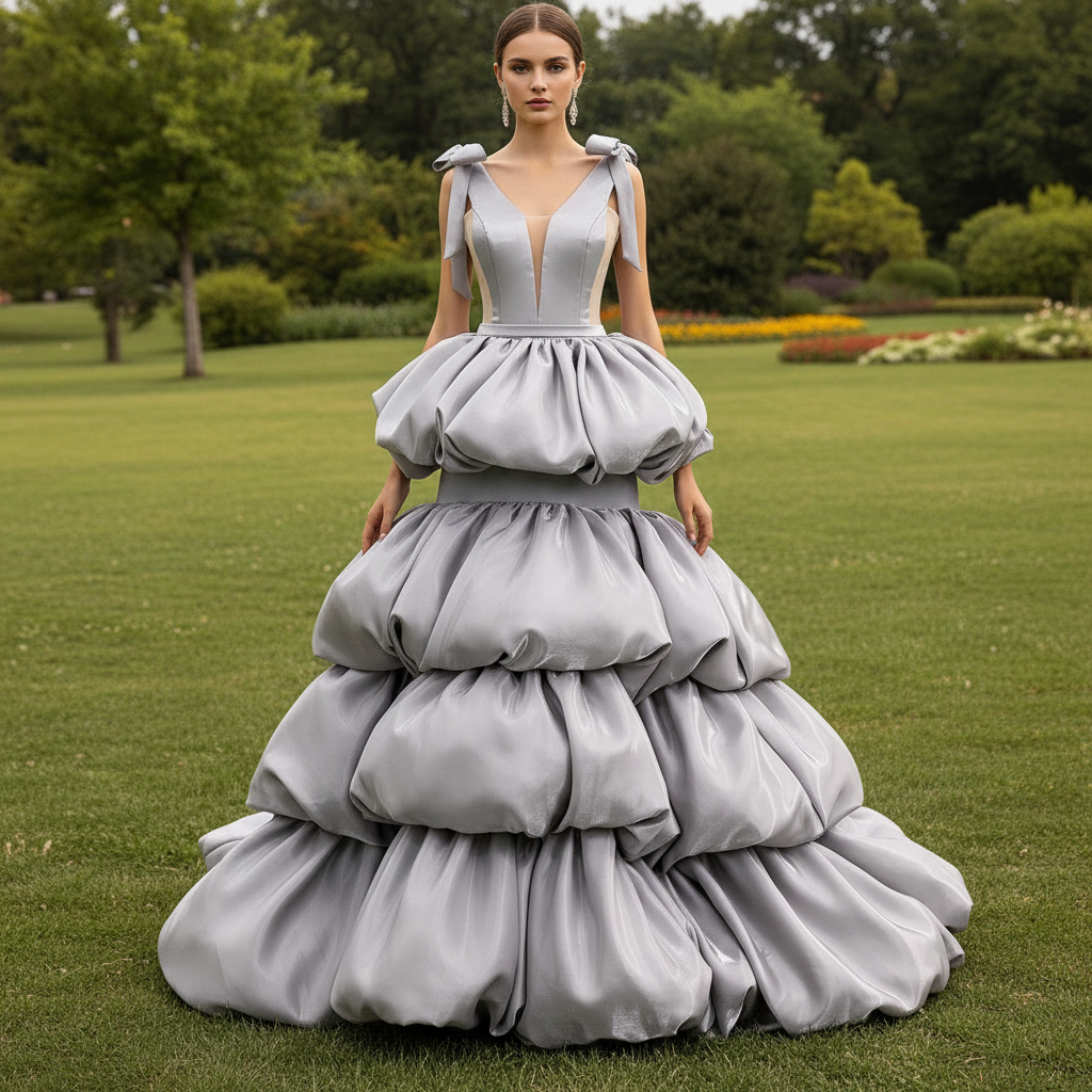 Romantic High-end Gray Cascading Ruffles Prom Dress A-line with Vneck Rosymae Romantic High-end Gray Cascading Ruffles Prom Dress A-line with Vneck Rosymae