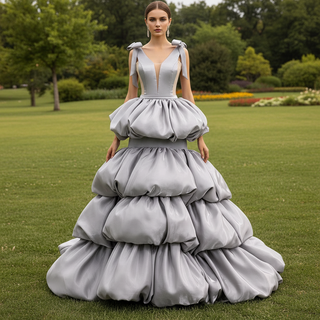 Romantic High-end Gray Cascading Ruffles Prom Dress A-line with Vneck