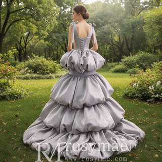 Romantic High-end Gray Cascading Ruffles Prom Dress A-line with Vneck